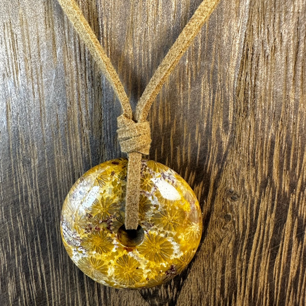 Yellow Coral Fossil Donut Pendant on Brown Faux Suede - Picture 9 of 11